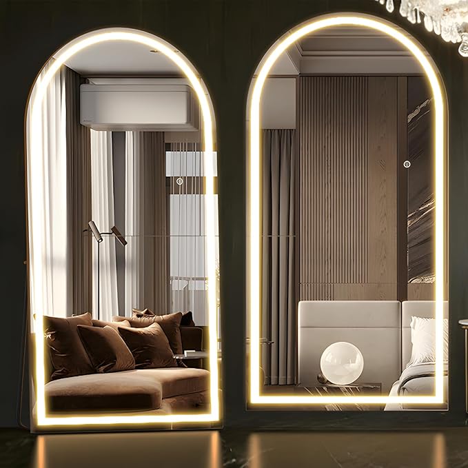 Arched 71"x32" Full Body Mirror with Light, LED Floor Mirror, Wall Mounted Dimming & 3 Color Lighting for Bedroom, White
