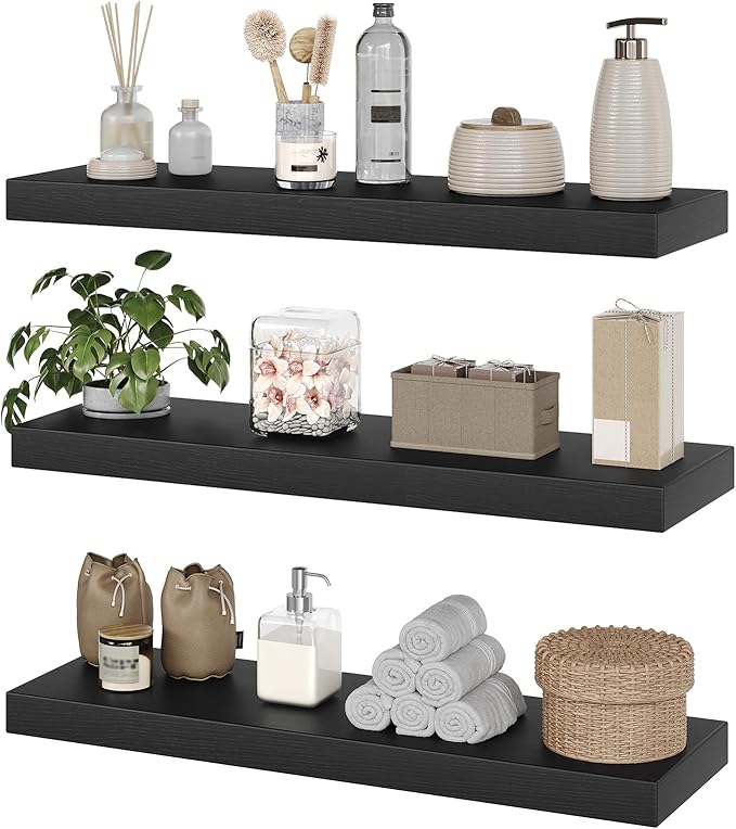 RALGEND Floating Shelves for Wall, 1.5" Thick Wall Shelf Set of 3 with Invisible Brackets, 23.6L x 7.9W Hanging Book Shelves Farmhouse Home Decor for Bathroom, Living Room, Bedroom, Black 6301BJP3BK