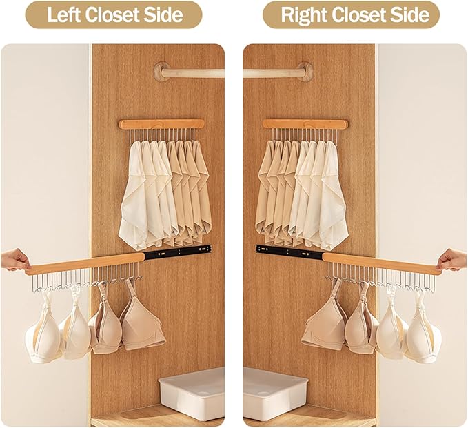 Pull Out Bra Hanger for Closet, Sliding Hooks Rack for Belt Ties Tank Top Scarf Jewelry, Space Saving Organizr for Wardrobe Cabinet, Left Side 12 Hooks Rail, 2 Pcs