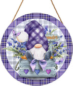 Spring Summer Gnome Lavender Flower Sign for Front Door 12"x12" Purple Floral Buffalo Plaid Wood Door Hanger for Outdoor Outside Porch Spring Summer Farmhouse Wooden Wreath for Wall Porch Yard