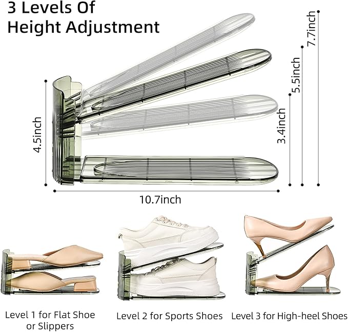 Shoe Slots Organizer, Clear Shoe Stacker, Adjustable Level Shoe Rack,Storage Space Saver for Sneakers Display (Green Transparent, 10Pack)