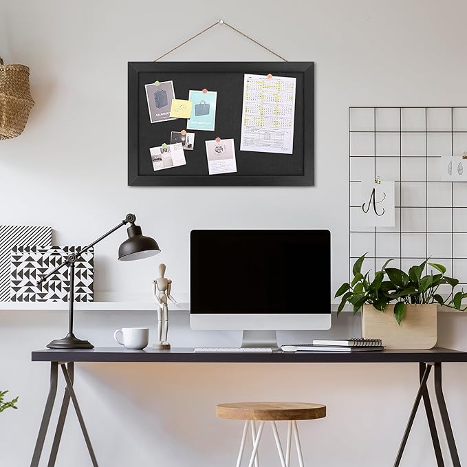 AKTOP Black Cork Board with Linen 16.7" X 11", Small Framed Bulletin Board for Wall, Hanging Pin Board Picture Board for Home Office Decor, Cute Vision Board with 8 Pushpins