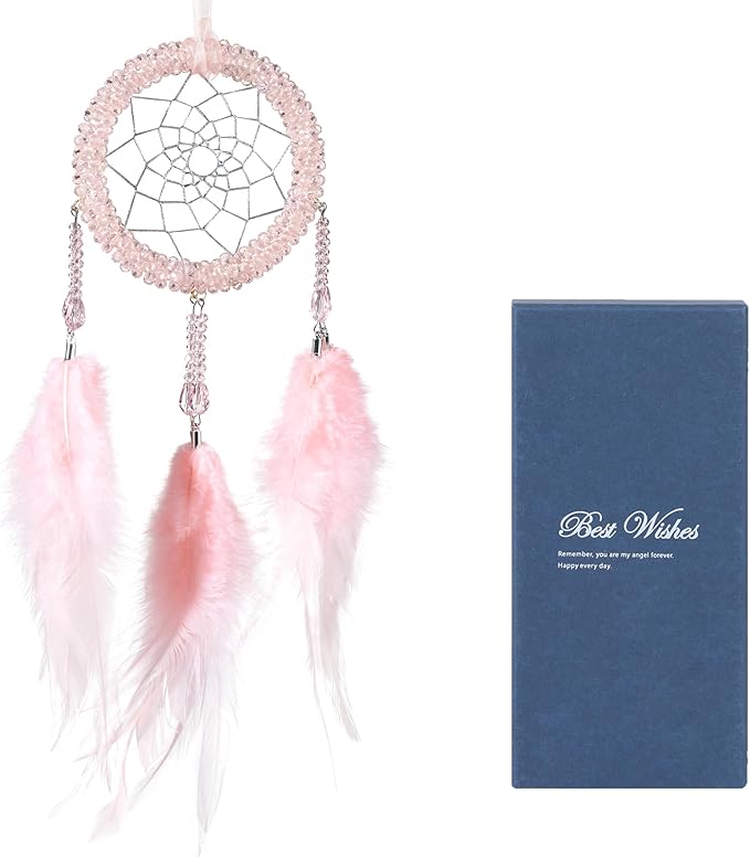 Luxury Dream Catchers - Light Pink Rooster Feather with Crystal Diamond, Handmade Small Dreamcatcher for Bedroom, A Dream Catcher for Girls, Dream Catchers for Boys, Dream Catcher Wall Decor