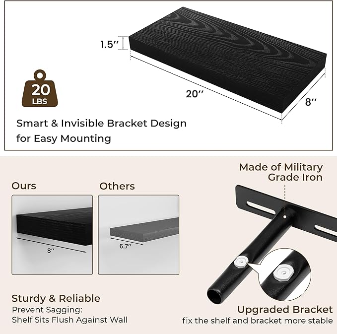 RICHFOCUS 28Inch Floating Shelves for Wall 2 Pack Shelves for Bedroom|Kitchen|Bathroom|Laundry Room Rustic Wood Wall Mounted Shelf with Invisible Brackets for Books|Storage|Decor, Black