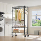 VIPEK R3 Medium Rolling Clothes Racks with Lockable Wheels, Heavy Duty Garment Rack with Adjustable Shelves & Hanging Rod & Side Hooks, Compact Space-Saving Storage for Small Apartments/Dorms (Black)