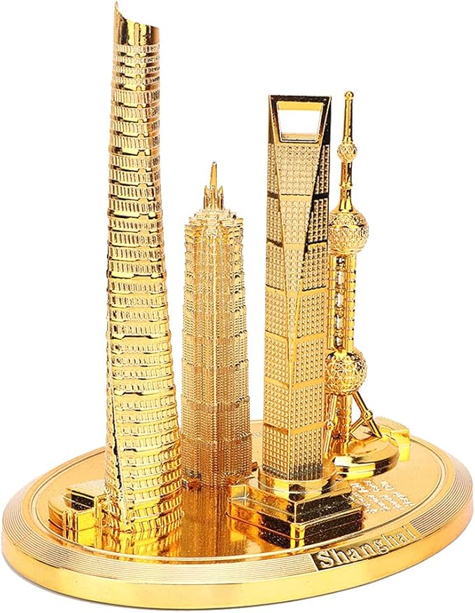 Shanghai Building Collection Model Set, Oriental Pearl Tower and Jin Mao Financial Center Souvenir, Electroplated Bronze Gold Metal Architecture Miniatures for Office Home Decor (Gold-Small)