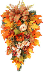 21.7Inch Artificial Fall Harvest Teardrop Swag for Front Door Thanksgiving Teardrop Wreath with Maple Leaves Berry Autumn Floral Swag for Home Wall(No Light)