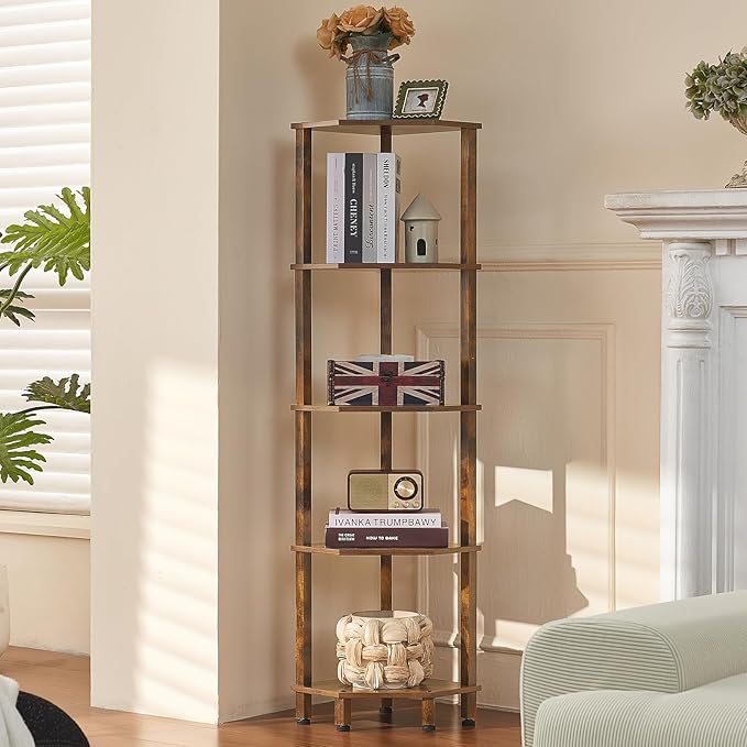 YUFAM 5-Tier Corner Shelf with Sturdy 5-Leg Base, Wooden Corner Bookshelf for Small Spaces, Corner Standing Shelf for Living Room, Bedroom, Office, Brown