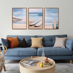 KAlRNE Coastal Beach Wall Art Set of 3(16’’X24’’),Framed Pastel Ocean Canvas Prints with Surfboards,Surf Prints,Neutral Retro Beachy Framed Art Decor for Living Room Bedroom Office