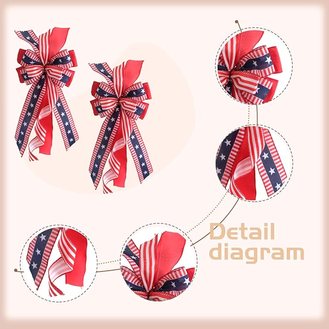 Large Patriotic Wreath Bows for Front Door, Memorial Day Red Blue White Stars and Stripes Bows for Wreath