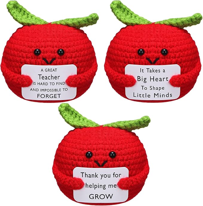 Wavwavw 3 Pack Teacher Appreciation Gift Positive Flower Handmade Crochet Doll Thank You for Helping Me Grow Gifts Back to School Gifts for Women Teacher(Apple)