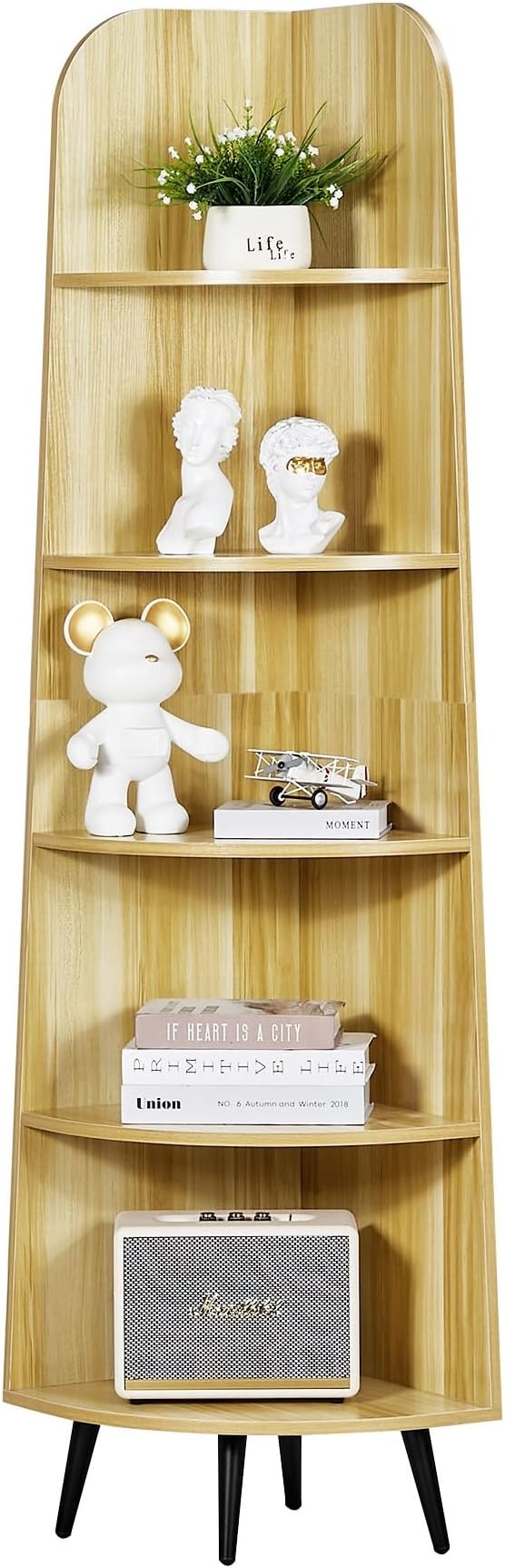 VECELO Large Tall Corner Shelf, 66.93" H 5-Tier Corner Storage Organizer, Freestanding Corner Display Rack for Living Room Bedroom Home Office, Natuarl Wood