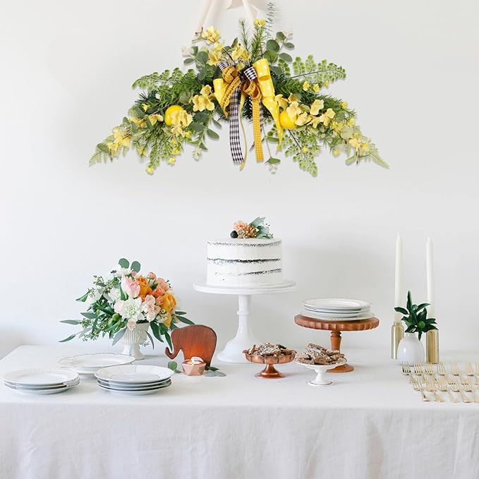 Flower Swag, 24 inch Floral Swag with Lemon, Decorative Wedding Welcome Sign with Large Bow for Wedding Arch Front Door Wall Home Decor.