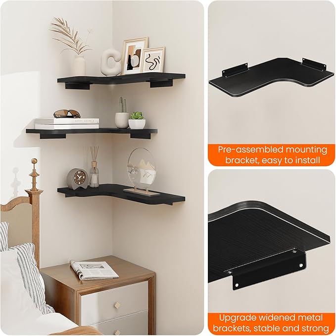 Homode Corner Shelves Wall Mounted, Set of 3 Floating Corner Shelves with Cord Hole, 3 Tier Wooden Hanging Display Shelf for Bathroom Kitchen Living Room, Black