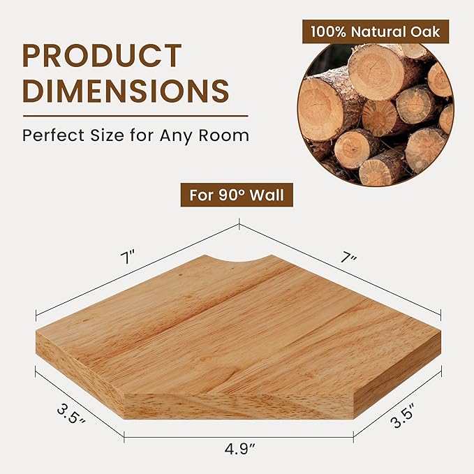 Fun Memories Corner Shelf Wall Mount, Solid Oak Wood Floating Corner Shelves with Cable Hole, 7in Rustic Design for Bedroom, Bathroom, Kitchen, Living Room (Natural, 1 Pack)