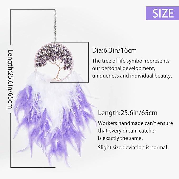 Pretty Jolly Fairy Purple Tree of Life Dream Catcher Wall Decor with Healing Crystal Stone Handmade Feather Dream Catchers Decoration Wall Hanging Ornaments for Bedroom Wedding Party Home Decor-25.6"