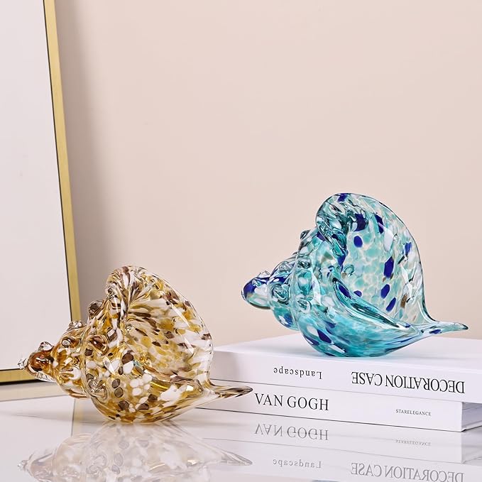 LCCCK Sea Glass Art Figurines Hand Blown Conch Shell Sculpture, Aqua Sea Glass Decor Creative Conch Seashell Statue - for Coastal Room Decor Knick Knacks Home Decor Kitchen Decorations Above Cabinets
