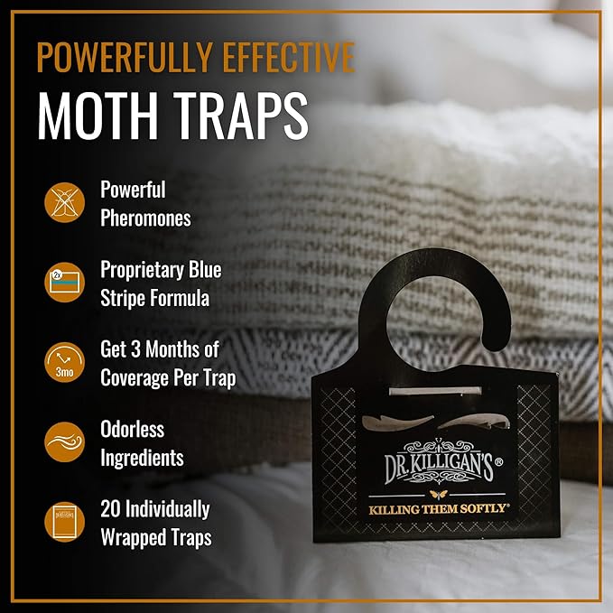 Dr. Killigan's Premium Double Potent Clothing Moth Traps with Pheromones Prime - Trap with Lure for Clothes Closets & Carpet - Case Making & Web Spinning Moth Prevention (20 Pack, Black)