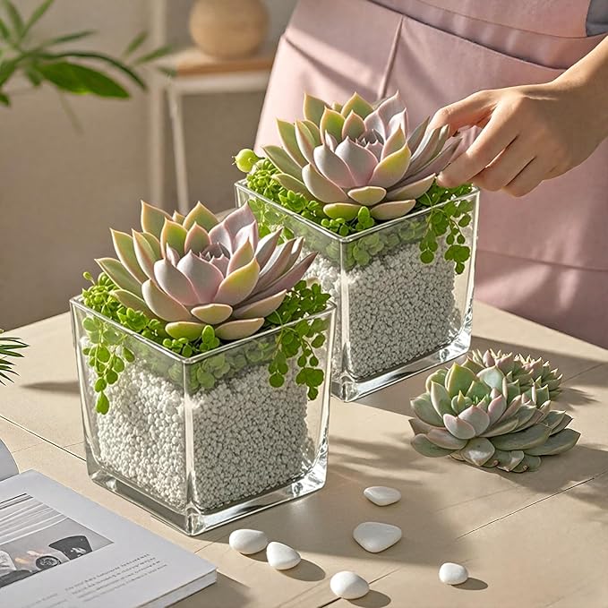 CONNOO 6 Pack Square Glass Vase 5" x 5" x 5", Clear Bulk Flower Vases for Centerpieces, Square Glass Cube Vase Floating Candle Holders for Wedding Party Home Decor