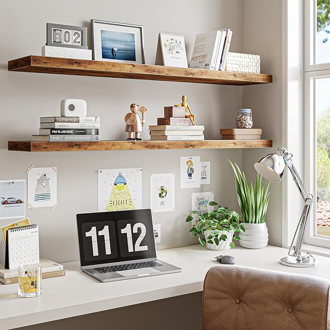 Fixwal Wood Floating Shelves for Wall, 47.2" Long Heavy Duty Wall Mounted Shelves for Living Room, Bedroom, Bathroom and Kitchen, Wall Shelves for Storage, Books, Room Decor (Rustic Brown, Set of 2)