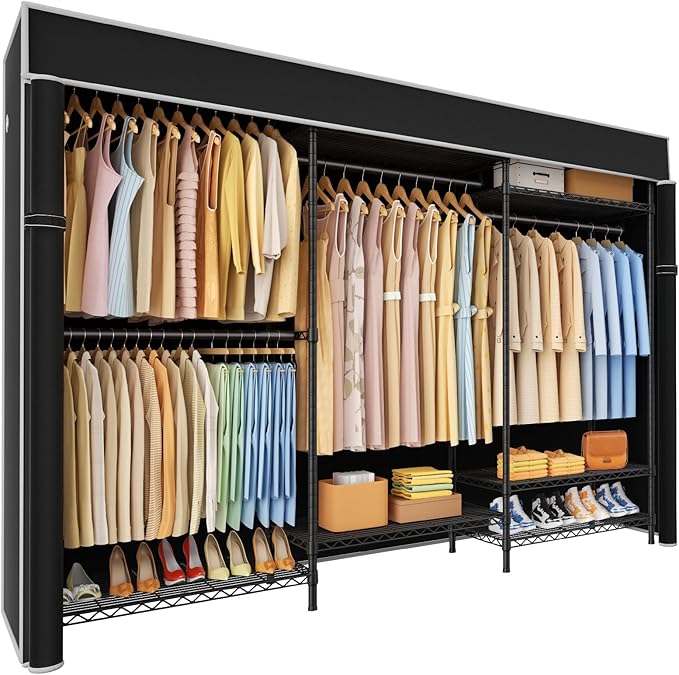 Ulif E13C Pro Heavy Duty Closet Organizer System，Freestanding Clothing Racks for Hanging Clothes，Adjustable Garment Rack 75" W x16 D x77 H Hold 1000lbs，Black Rack with Black Dustproof Cover