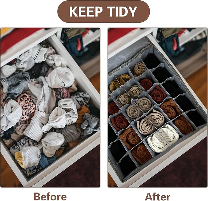 PINGMIC Gray Sock Organizer Divider 2 Pack with Lid - 30 Cell Foldable Closet Storage, Tie Organizer For Men Boxes for Socks, Ties, Belts