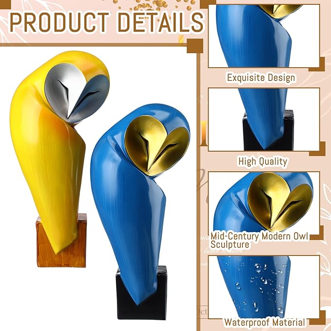Thyle 2 Pcs Mid Century Modern Owl Statue for Home Decor Accents Resin Owl Sculpture Handmade Vintage Modern Birds Statue for Bookshelves Desk Living Room Display Collectible Gift (Classic,11.8 Inch)