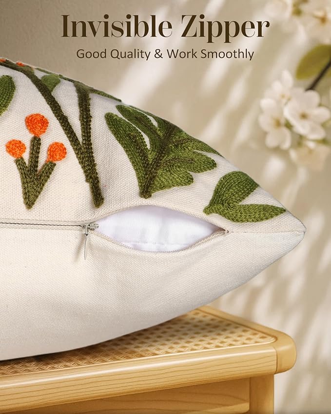 Embroidered Throw Pillow Cover 20x20 Inch - Spring Summer Boho Decorative Pillow Cover with Zipper for Living Room Couch Sofa Bed Aesthetic Design Flower Cluster Cushion Pillowcase