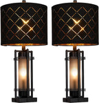 Modern Table Lamp Set of 2, Nightstand Lamps with Black Grid Shade, Bedside Lamps with USB A+C Charging Ports, Decorative Table Lamp, Square Base, Desk Lamps for Living Room, Bedroom, 2 Bulbs Included