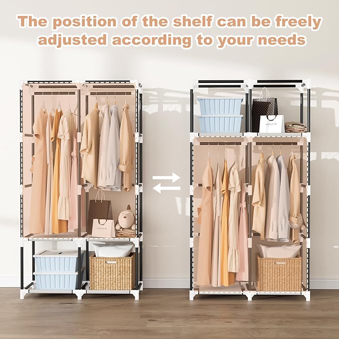 Portable Closet for Hanging Clothes, Portable Wardrobe Closet with Cover, 4 Storage Shelves, 2 Hanging Rods and 8 Side Pockets, Easy Assembly and Sturdy Free Standing Closet for Bedroom, Grey
