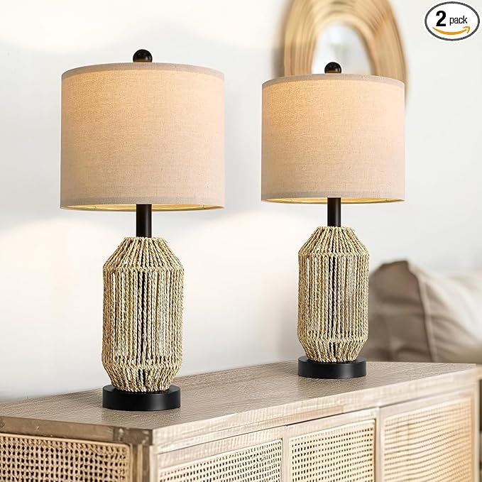 OYEARS 21" Boho Table Lamps Set of 2 for Living Room, Bedside Lamps for Nightstand, Rattan Lamp for Bedroom, Farmhouse Table Lamps for Boho Decor, End Table, Retro, Black