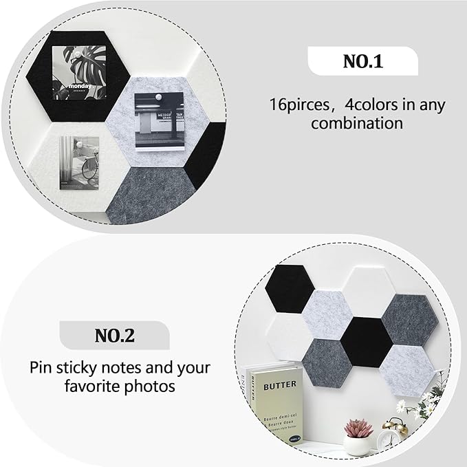 Mindsoft 16 Pcs Hexagon Cork Board for Walls with 50 Wooden Push Pins 6.7 x 5.9 in Felt DIY Tiles Notice with Nano Tape Hanging Bulletin Board for Home Photo Office Memo Note(Grey)