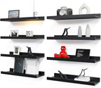 RICHER HOUSE 8 Set Black Floating Wall Mounted Shelves, Nursery Hanging Book Shelves with Lip for Storage, Black Display Picture Ledge Shelf for Bedroom Bathroom Kitchen Living Room Wall Decor