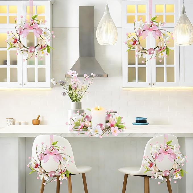 8 PCS Small Easter Wreaths for Kitchen Cabinet Mini Artificial Easter Egg Flower Wreath for Front Door Spring Summer Hanging Wreath with Pink Ribbon Berry for Home Porch Wall Window Farmhouse Decor