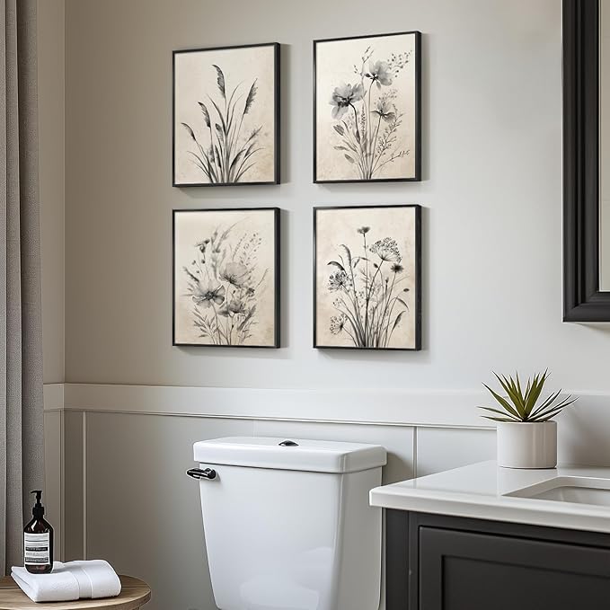 Framed Vintage Botanical Wall Art, 4 Piece Boho Rustic Floral Canvas Painting Prints for Modern Farmhouse, Black and White Neutral Flower Pictures for Bathroom Bedroom Hallway Kitchen Home Decor, 8x10
