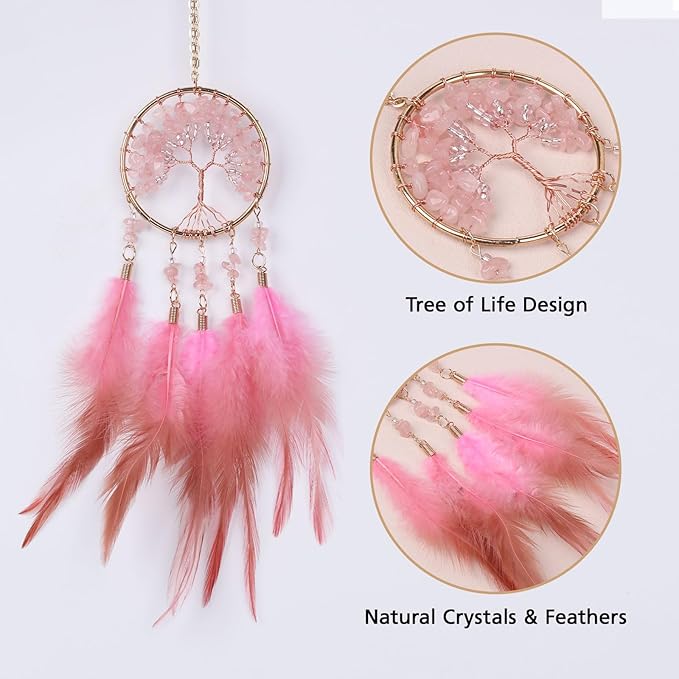 Pretty Jolly Small Tree of Life Crystal Stone Dream Catchers Pink Feathers Mini Dreamcatchers for Cars Rear View Mirror Hanging Decoration Good Luck Travel Charm Bedroom Ornaments for Women Girls