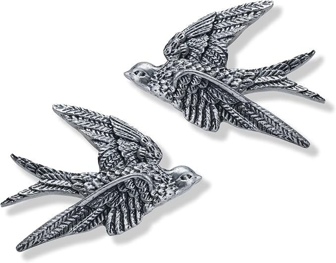 AMOIENSIS Bird Wall Sculpture Art, (Set of 2) 4¾ inch Resin Metallic Silver Bird 3D Sculpted Floating Hanging Wall Sculpture Decoration