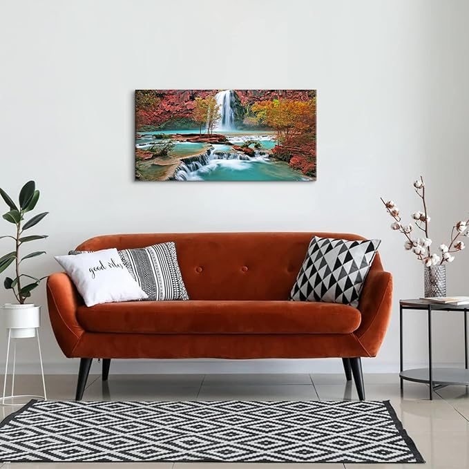 Tropical Forest Wall Art Nature Mountain Pictures Wall Decor for Living Room Bedroom Waterfall Landscape Canvas Prints Posters Tree Fall Scenery Paintings Modern Autumn Artwork Home Decorations 24x48”