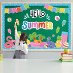 Justforjoyful Hello Summer Bulletin Board Decorations Summer Pool Classroom Bulletin Board Border Hawaiian Beach Paper Cutouts for Classroom Window Wall Home Office School Party Decor