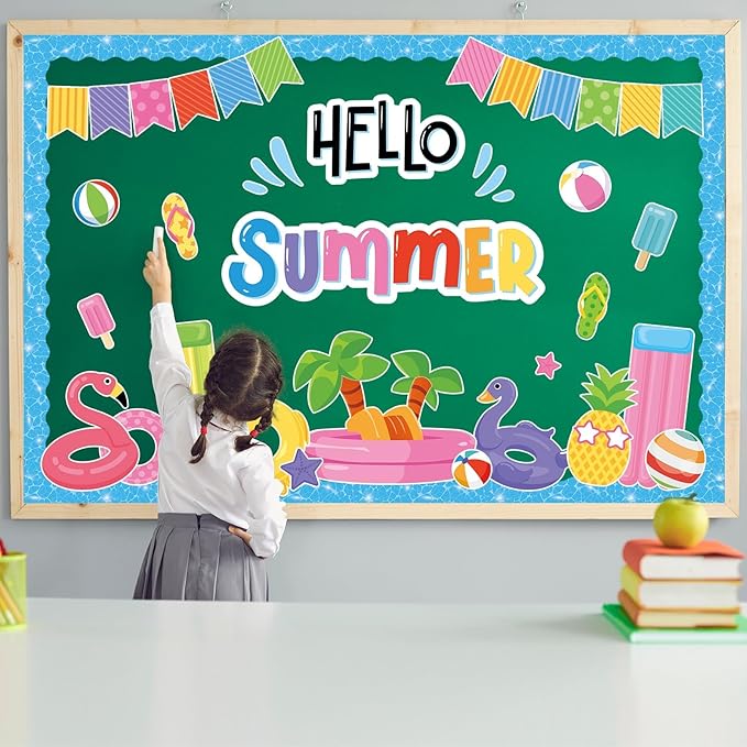 Justforjoyful Hello Summer Bulletin Board Decorations Summer Pool Classroom Bulletin Board Border Hawaiian Beach Paper Cutouts for Classroom Window Wall Home Office School Party Decor