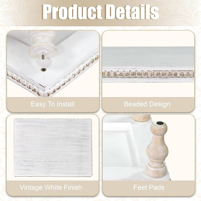 MAONAME Wood Display Risers Decorative Tray, Farmhouse Pedestal Stand for Display Home Decor, Vintage White Beaded Wooden Tray for Kitchen Counter, Short and Tall Footed
