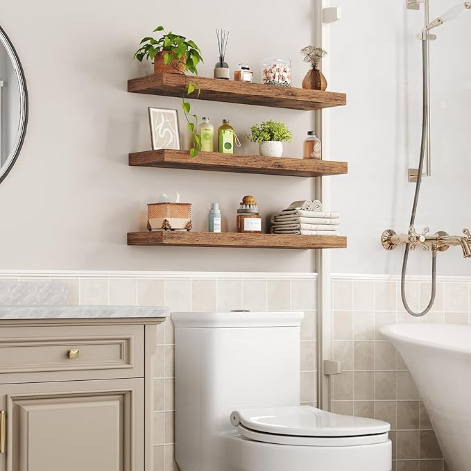 RALGEND Floating Shelves for Wall, 1.5" Thick Wall Shelf Set of 3 with Invisible Brackets, L31.5 x W7.9 Hanging Shelves Farmhouse Home Decor for Bathroom, Living Room, Bedroom, Rustic Brown 8301BJP3BF