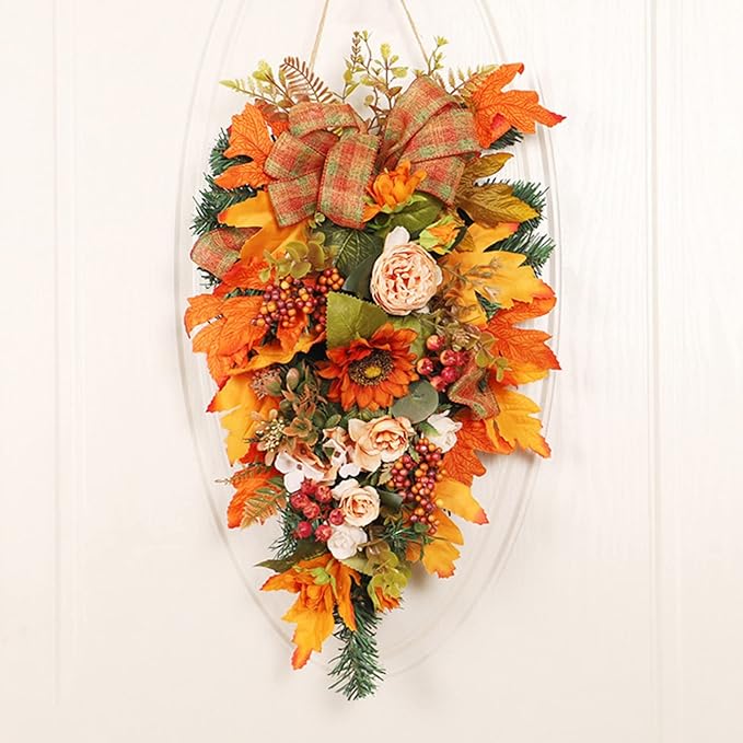 Ochine Fall Harvest Swag for Front Door, Artificial Fall Swag Fall Wreath Artificial Fall Harvest Teardrop Swag Decorative Swags for Thanksgiving Harvest Autumn Fall Decor Halloween Decorations