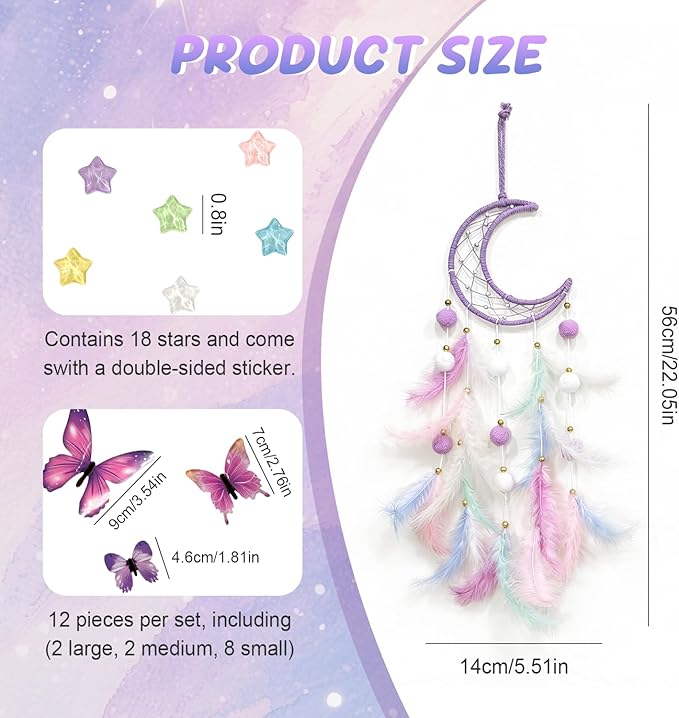 Dream Catcher Wall Hanging, Purple Boho Dreamcatcher Set with 12 Butterflies & 18 Stars - Peel and Stick Wall Decals for Bedroom, Girl's Room Decor, Birthday
