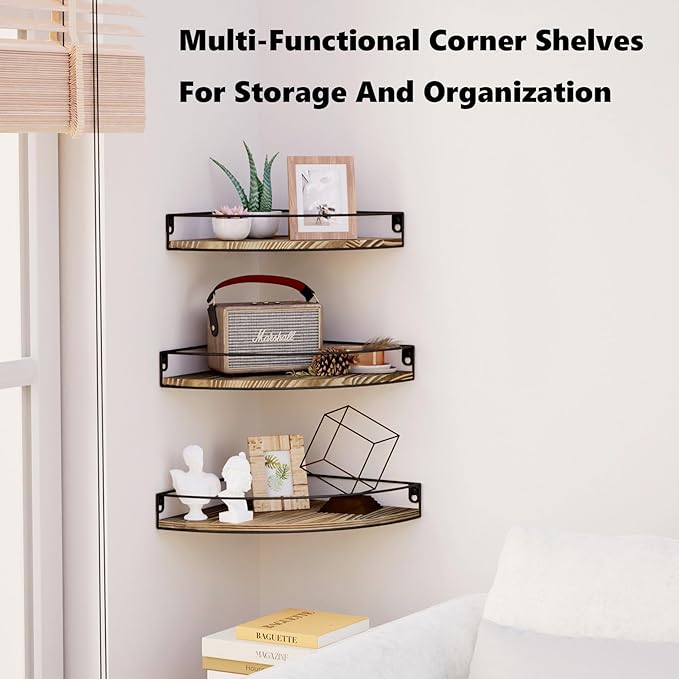 Corner Shelf Wall Mounted, Set of 3 Corner Floating Shelves with Cord Hole and Guardrail for Cable Box, Baby Monitor Pet Cameras, Speaker, Nursery Kitchen Living Room Bathroom, Dark Brown