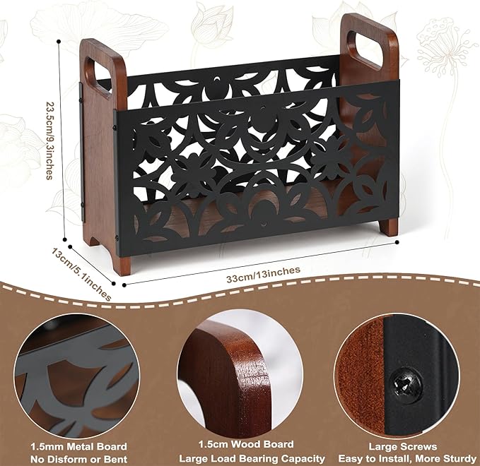 Magazine Holder,Wood Magazine Rack Floor,Rustic Magazine File Holder Organizer,Decorative Magazines Storage Basket for Books,Newspapers,Mails,Files