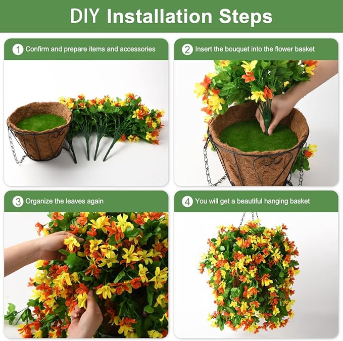 INQCMY Artificial Hanging Flowers Decoration, 4pcs Fake Floral Basket Plants for Outdoor Porch, Faux Shrubs Home Spring Decor UV Resistant Potted Violets for Outside Garden No Fade