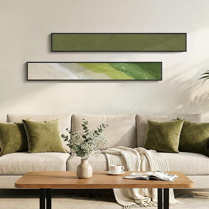 Long Narrow Framed Sage Green Vertical Abstract Wall Art Set, 2 Piece Modern Canvas Prints Paintings Artwork for Walls, Green Minimalist Pictures for Hallway Entryway Living Room Bedroom Wall Decor