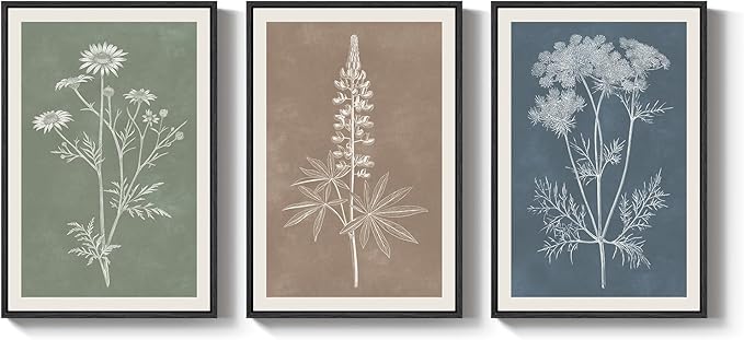 Framed Boho Botanical Wall Art for Living Room, 3 Piece Modern Farmhouse Neutral Floral Canvas Painting Prints, Minimalist Vintage Flower Plants Line Artwork for Bedroom Hallway Wall Decor, 24x36