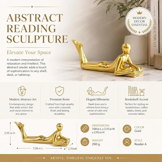 Gold Reading Statue Style A, Abstract Reader Figurine, Resin Book Decor for Bookshelf, Coffee Table, Desk Shelf Decor, Gift for Book Lovers